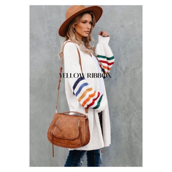 NEW Vintage 70’s 80’s White Rainbow Stripe Open Front Cardigan Sweater - Picture 3 of 8